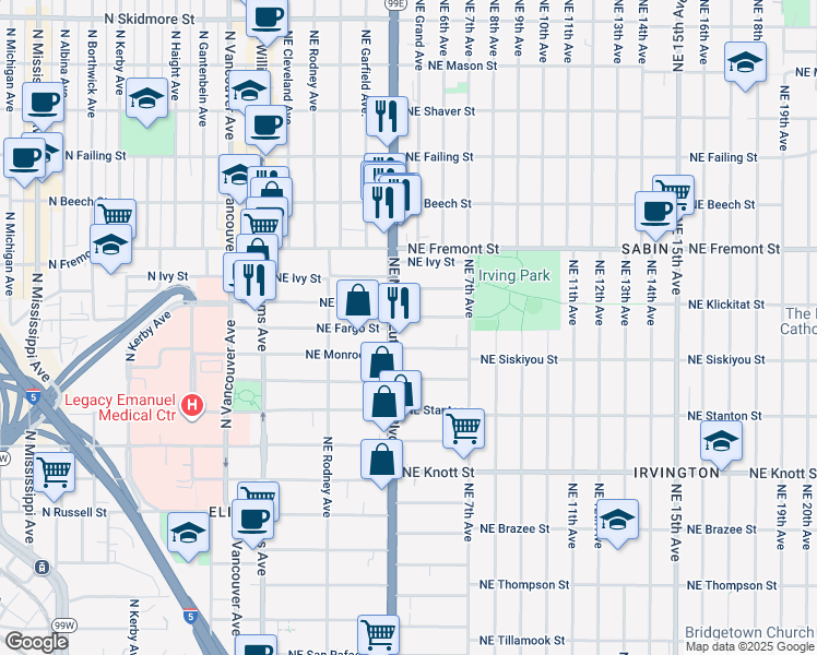 map of restaurants, bars, coffee shops, grocery stores, and more near 430 Northeast Fargo Street in Portland