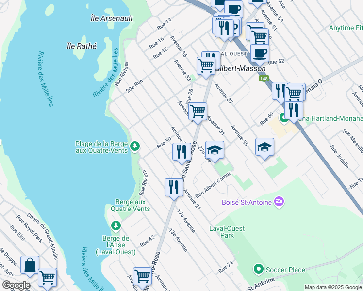 map of restaurants, bars, coffee shops, grocery stores, and more near 3200 25e Av in Laval