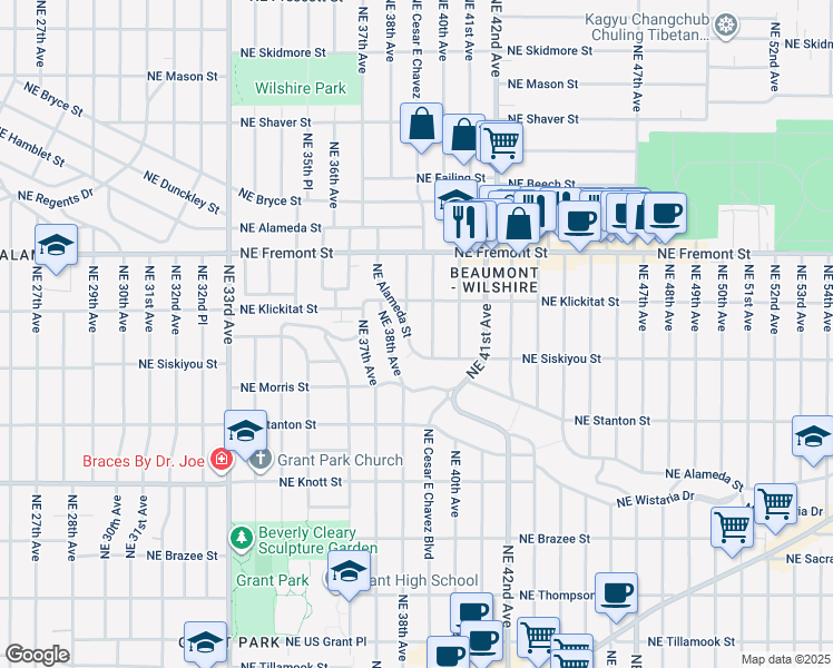 map of restaurants, bars, coffee shops, grocery stores, and more near 3845 Northeast Alameda Street in Portland