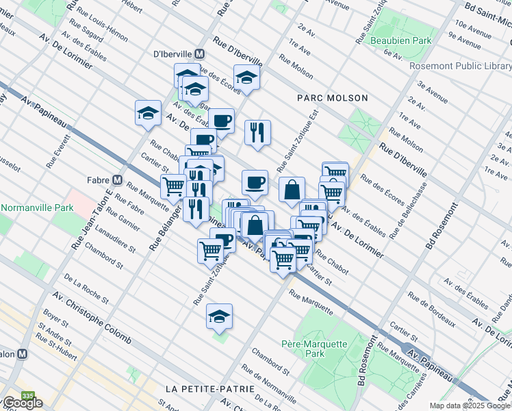map of restaurants, bars, coffee shops, grocery stores, and more near 1951 Rue Saint-Zotique Est in Montréal