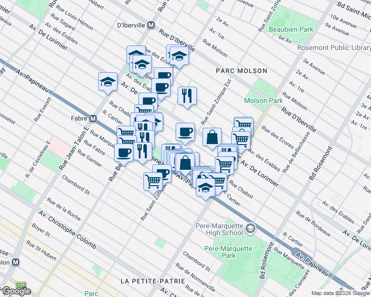 map of restaurants, bars, coffee shops, grocery stores, and more near 1955 Rue Saint-Zotique in Montreal