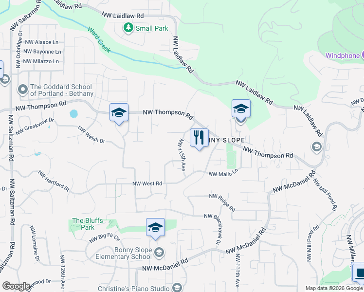 map of restaurants, bars, coffee shops, grocery stores, and more near 3682 Northwest 115th Avenue in Portland