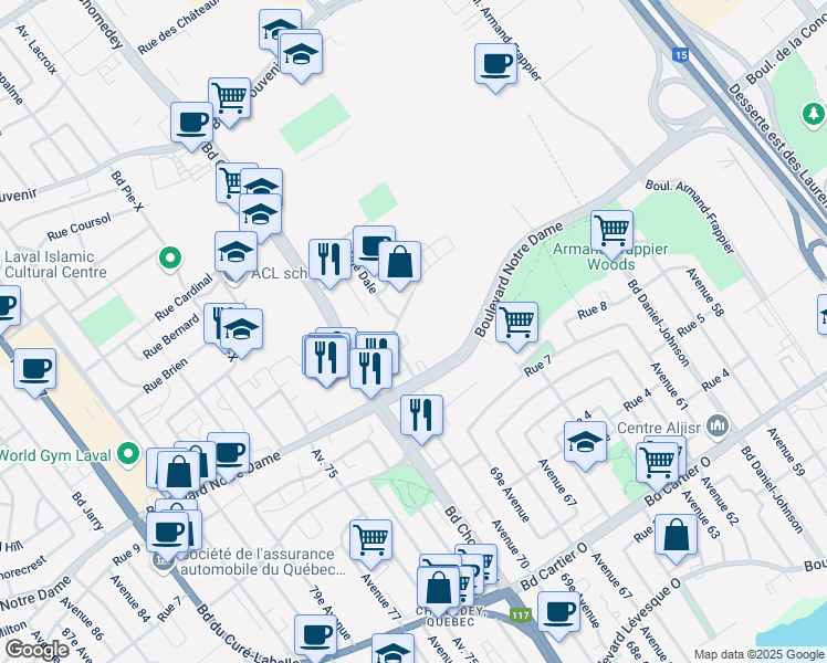 map of restaurants, bars, coffee shops, grocery stores, and more near 3100 Place Alton Goldbloom in Laval
