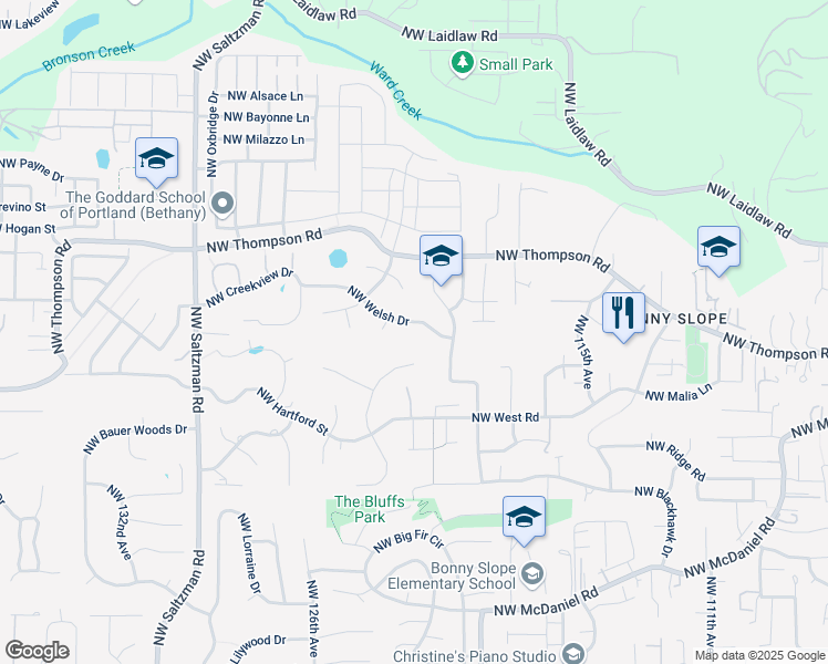 map of restaurants, bars, coffee shops, grocery stores, and more near 12190 Northwest Welsh Drive in Portland