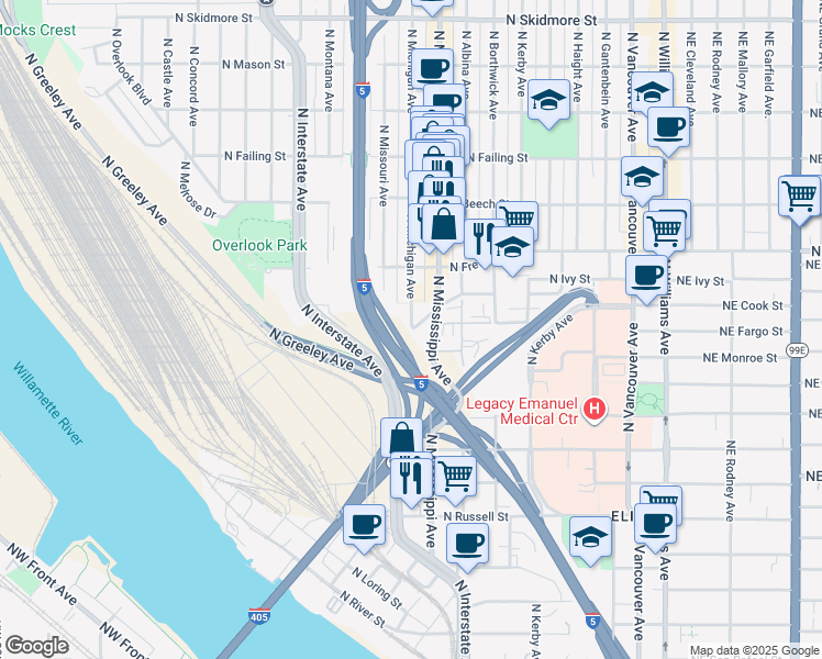 map of restaurants, bars, coffee shops, grocery stores, and more near in Portland