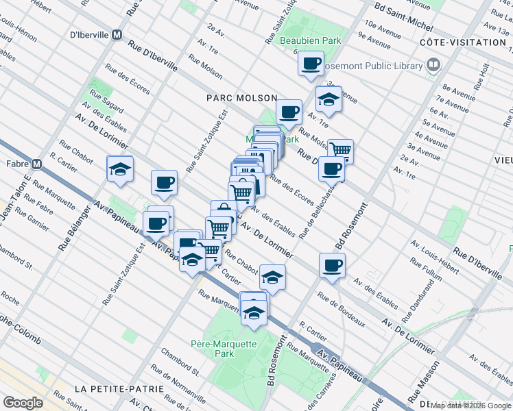 map of restaurants, bars, coffee shops, grocery stores, and more near 6439 Avenue des Érables in Montréal