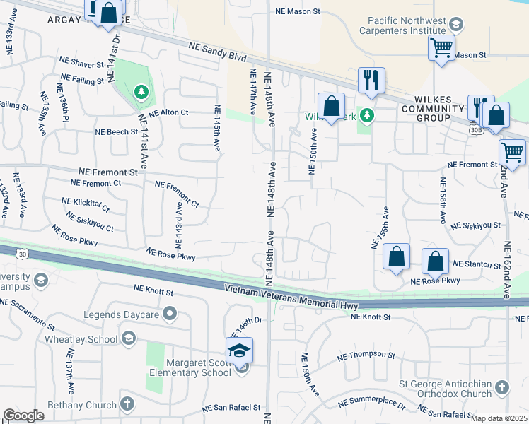 map of restaurants, bars, coffee shops, grocery stores, and more near 3201 Northeast 148th Avenue in Portland