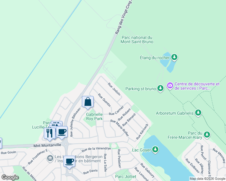 map of restaurants, bars, coffee shops, grocery stores, and more near 510 Rue Jodoin in Saint-Bruno-de-Montarville