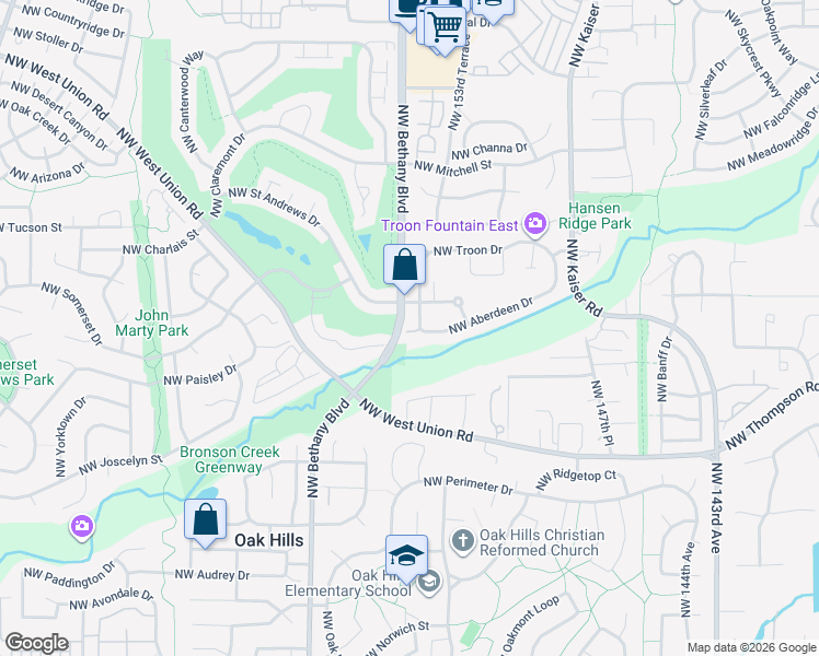 map of restaurants, bars, coffee shops, grocery stores, and more near 15408 Northwest Aberdeen Drive in Portland