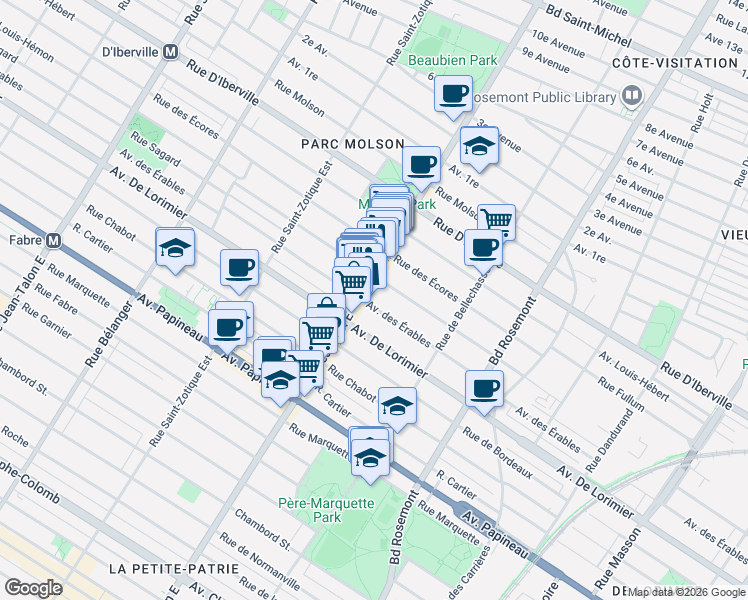 map of restaurants, bars, coffee shops, grocery stores, and more near 6439 Avenue des Érables in Montréal
