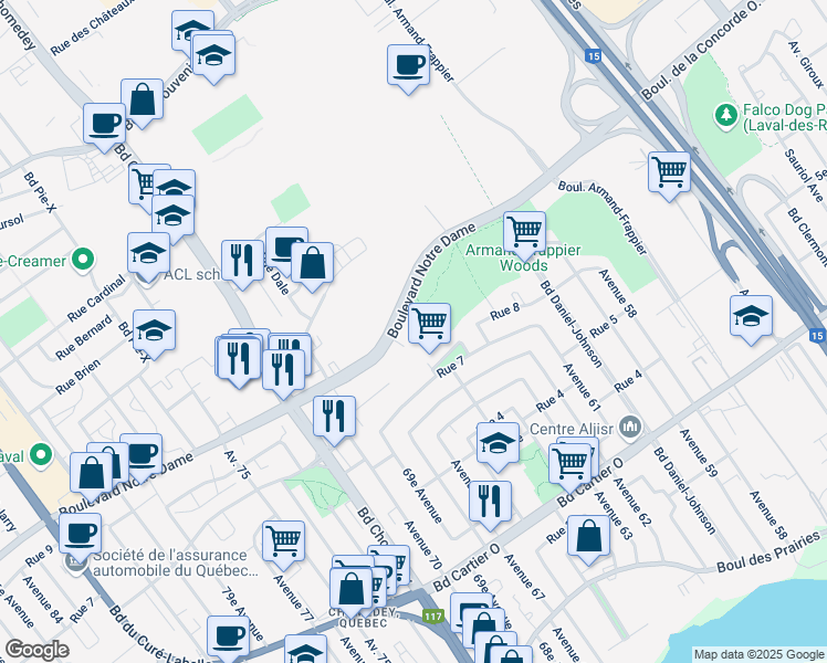 map of restaurants, bars, coffee shops, grocery stores, and more near 3000 Boulevard Notre Dame in Laval