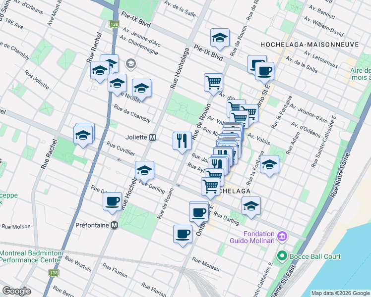 map of restaurants, bars, coffee shops, grocery stores, and more near 3585 Rue de Rouen in Montréal