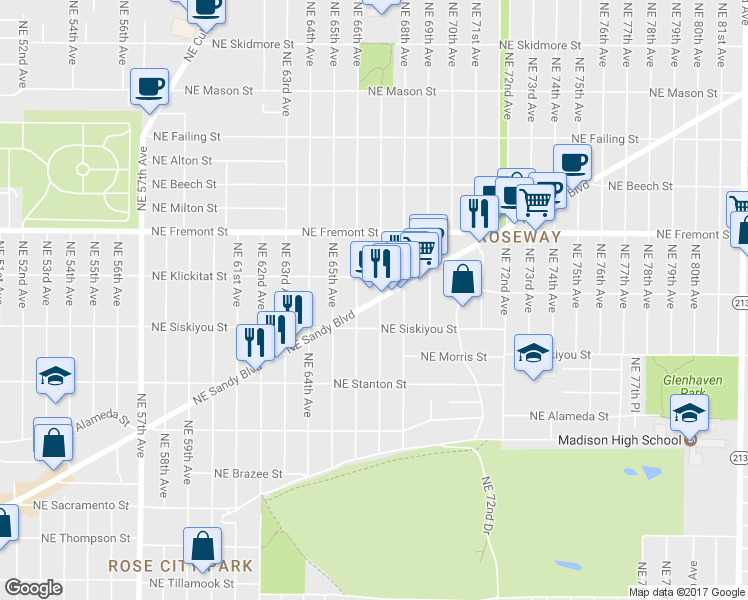 map of restaurants, bars, coffee shops, grocery stores, and more near 6633 Northeast Sandy Boulevard in Portland