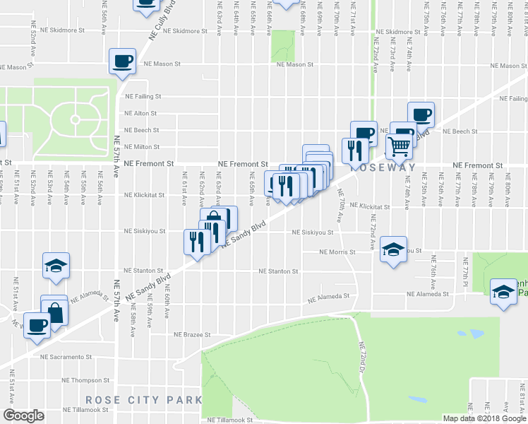 map of restaurants, bars, coffee shops, grocery stores, and more near 3219 Northeast 66th Avenue in Portland