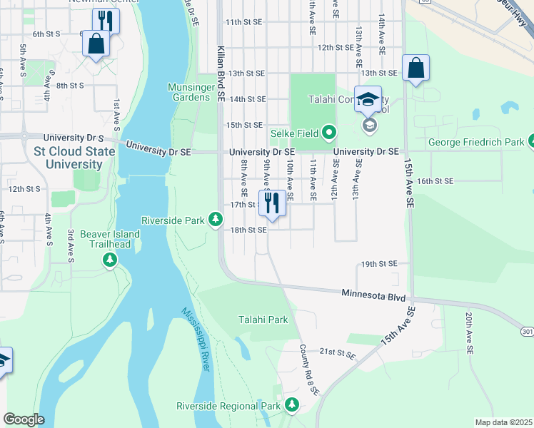 map of restaurants, bars, coffee shops, grocery stores, and more near 1712 9th Avenue Southeast in Saint Cloud