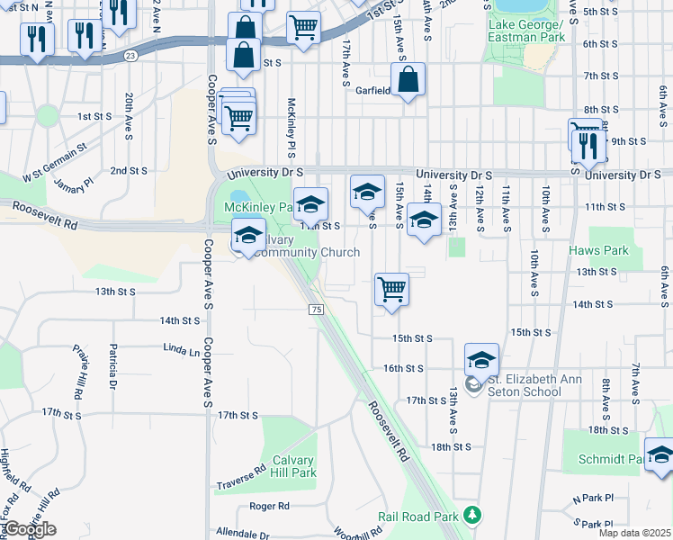 map of restaurants, bars, coffee shops, grocery stores, and more near 1212 Washington Memorial Drive in St. Cloud