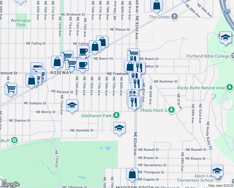 map of restaurants, bars, coffee shops, grocery stores, and more near 7912 Northeast Klickitat Street in Portland