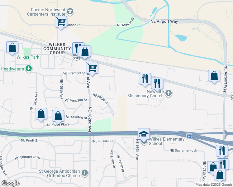 map of restaurants, bars, coffee shops, grocery stores, and more near 16511 Northeast Fargo Circle in Portland