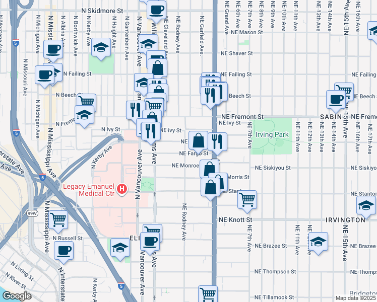 map of restaurants, bars, coffee shops, grocery stores, and more near 102 Northeast Fargo Street in Portland