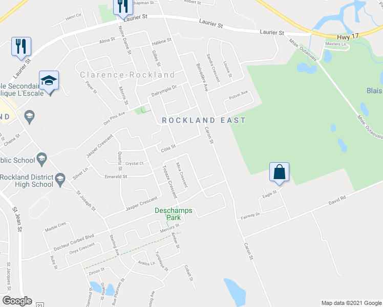 map of restaurants, bars, coffee shops, grocery stores, and more near 224 Topaze Crescent in Clarence-Rockland