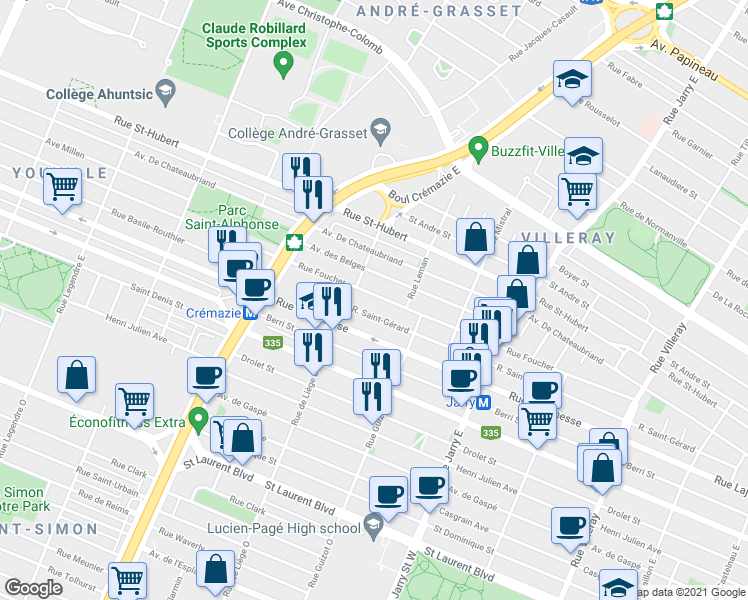 map of restaurants, bars, coffee shops, grocery stores, and more near 8410 Rue Foucher in Montréal