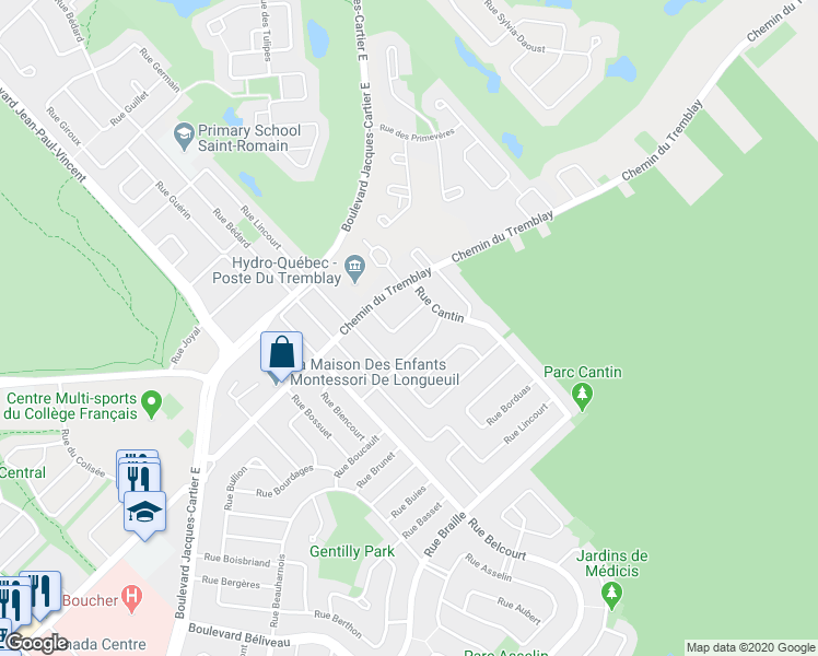 map of restaurants, bars, coffee shops, grocery stores, and more near 2478 Rue Boisvin in Longueuil