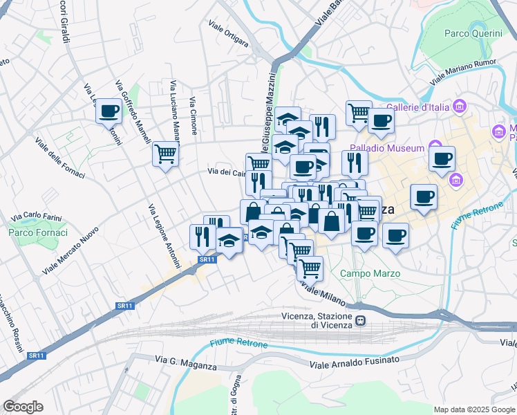 map of restaurants, bars, coffee shops, grocery stores, and more near in Vicenza