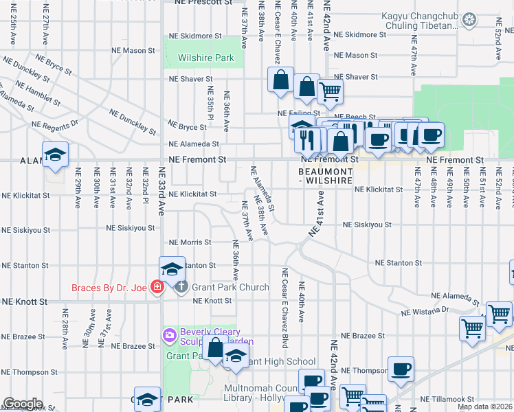 map of restaurants, bars, coffee shops, grocery stores, and more near 3221 Northeast 38th Avenue in Portland