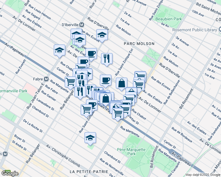 map of restaurants, bars, coffee shops, grocery stores, and more near 1994 Rue Saint-Zotique Est in Montréal