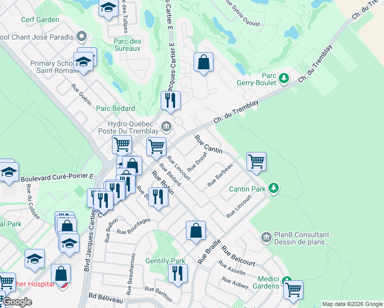 map of restaurants, bars, coffee shops, grocery stores, and more near 2478 Rue Boisvin in Longueuil