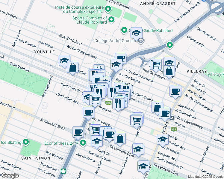 map of restaurants, bars, coffee shops, grocery stores, and more near 8635 Rue Lajeunesse in Montréal