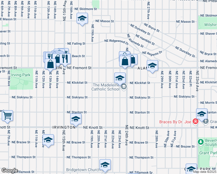 map of restaurants, bars, coffee shops, grocery stores, and more near 3205 Northeast 21st Avenue in Portland