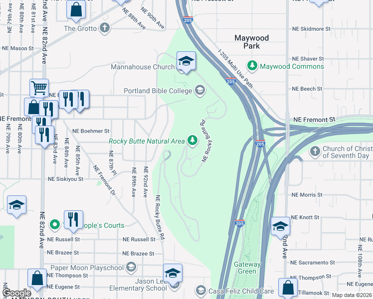map of restaurants, bars, coffee shops, grocery stores, and more near Northeast Rocky Butte Road in Portland