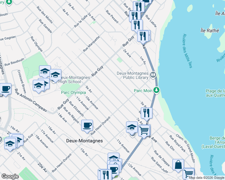 map of restaurants, bars, coffee shops, grocery stores, and more near 319A 7e Avenue in Deux-Montagnes