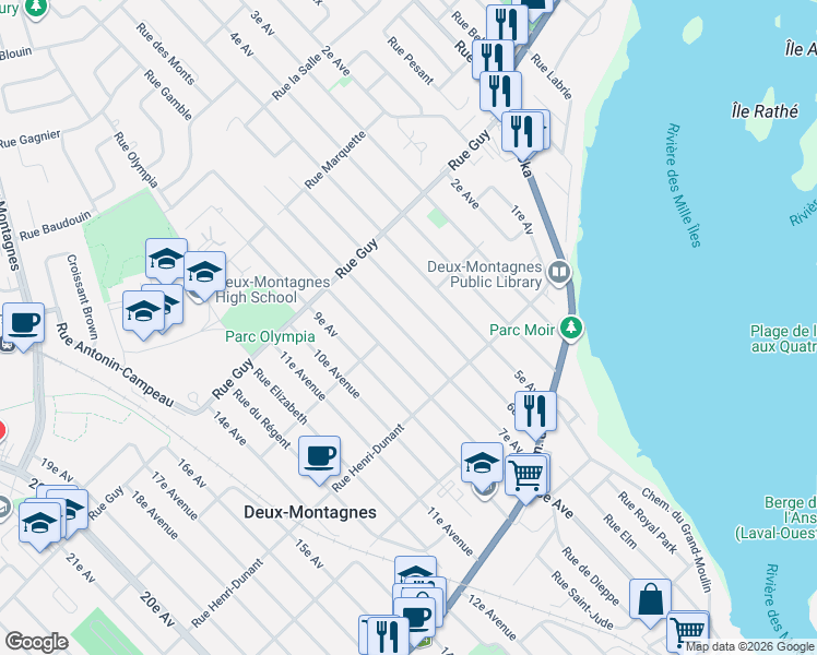map of restaurants, bars, coffee shops, grocery stores, and more near 319A 7e Avenue in Deux-Montagnes