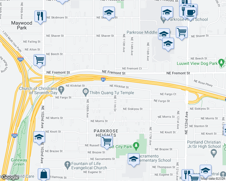 map of restaurants, bars, coffee shops, grocery stores, and more near 3228 Northeast 110th Avenue in Portland