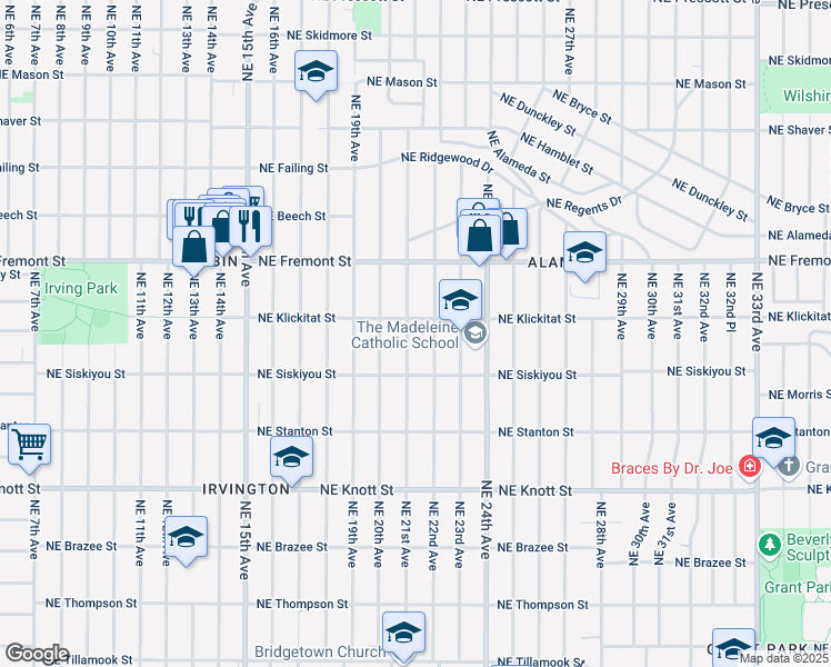 map of restaurants, bars, coffee shops, grocery stores, and more near 3205 Northeast 21st Avenue in Portland