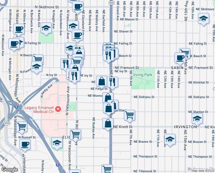 map of restaurants, bars, coffee shops, grocery stores, and more near 300-302 Northeast Fargo Street in Portland