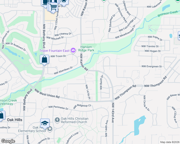 map of restaurants, bars, coffee shops, grocery stores, and more near 14730 Northwest Blackthorne Lane in Portland