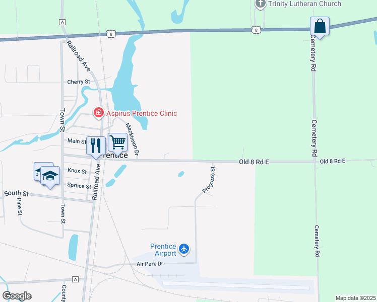 map of restaurants, bars, coffee shops, grocery stores, and more near 340 Center Street in Prentice
