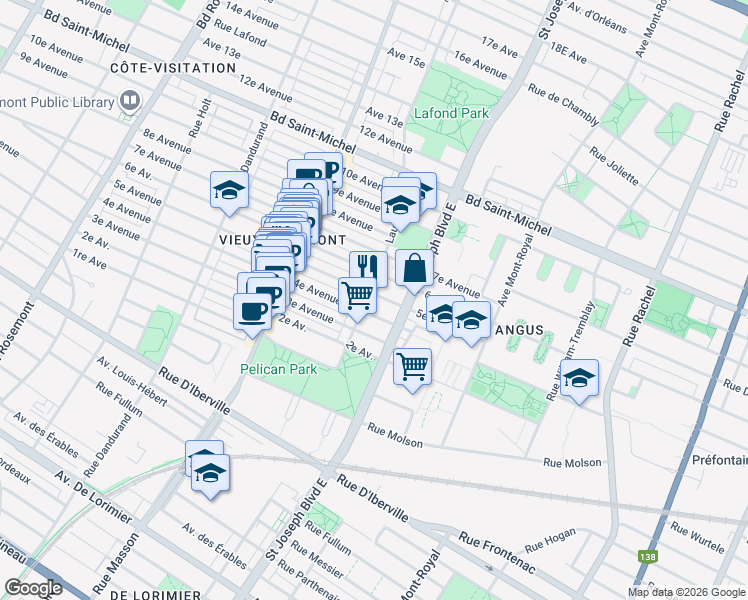 map of restaurants, bars, coffee shops, grocery stores, and more near 2840 Avenue Laurier Est in Montréal
