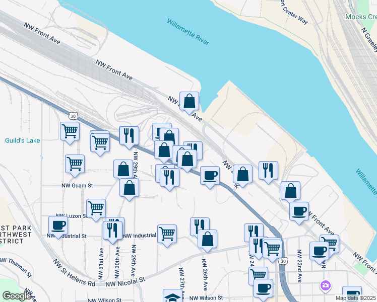 map of restaurants, bars, coffee shops, grocery stores, and more near 3339 Northwest Yeon Avenue in Portland