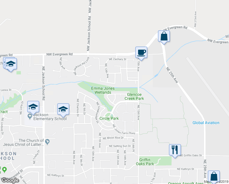 map of restaurants, bars, coffee shops, grocery stores, and more near 1277 Northeast Kinney Street in Hillsboro