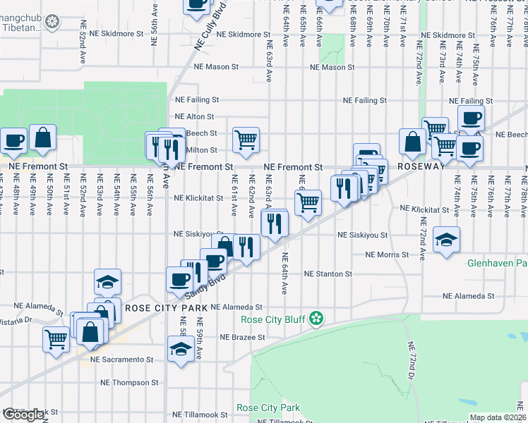 map of restaurants, bars, coffee shops, grocery stores, and more near 3215 Northeast 63rd Avenue in Portland