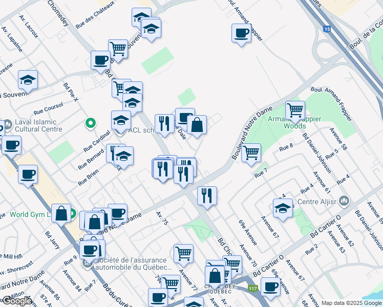 map of restaurants, bars, coffee shops, grocery stores, and more near 3093 Place Alton Goldbloom in Laval