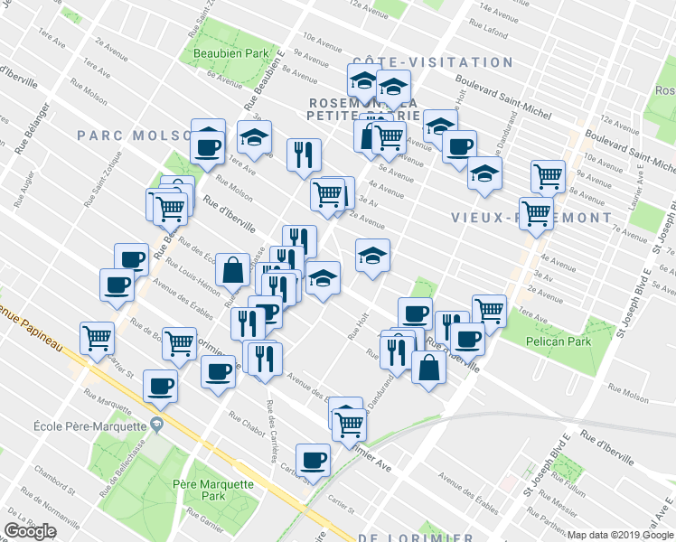 map of restaurants, bars, coffee shops, grocery stores, and more near 2527 Rue des Carrières in Montréal