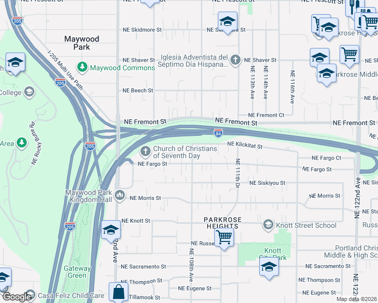 map of restaurants, bars, coffee shops, grocery stores, and more near 3245 Northeast 108th Avenue in Portland