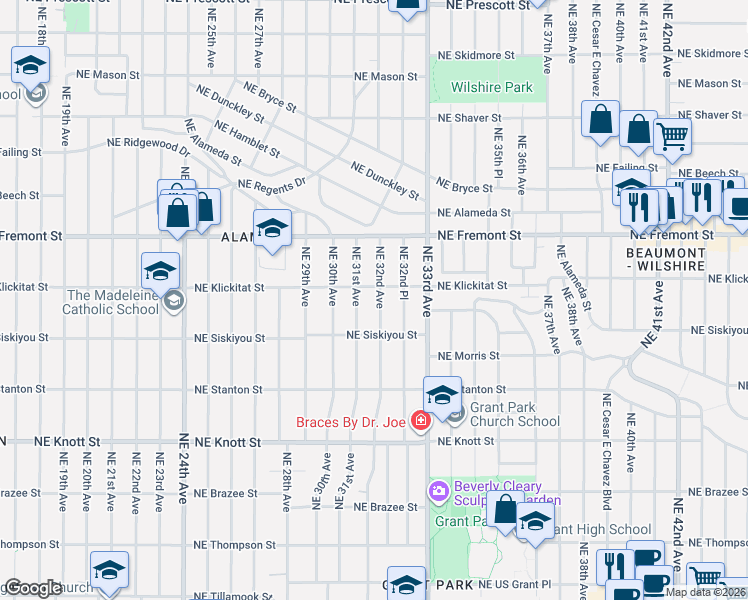 map of restaurants, bars, coffee shops, grocery stores, and more near 3217 Northeast 32nd Avenue in Portland
