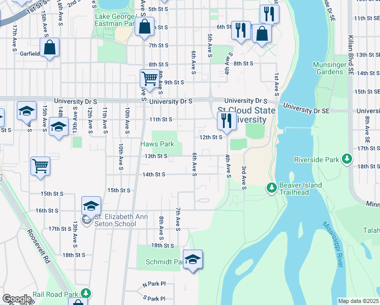 map of restaurants, bars, coffee shops, grocery stores, and more near 1227 6th Avenue South in St. Cloud