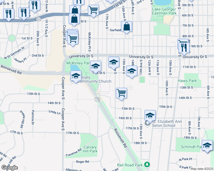 map of restaurants, bars, coffee shops, grocery stores, and more near 1212 Washington Memorial Drive in St. Cloud